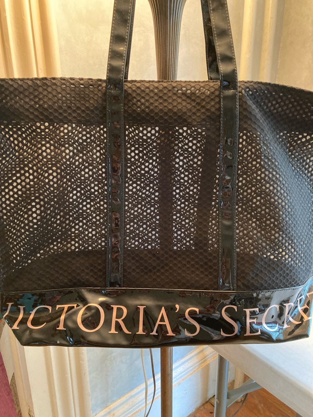 Victoria's Secret Black Mesh Tote with Glossy Trim